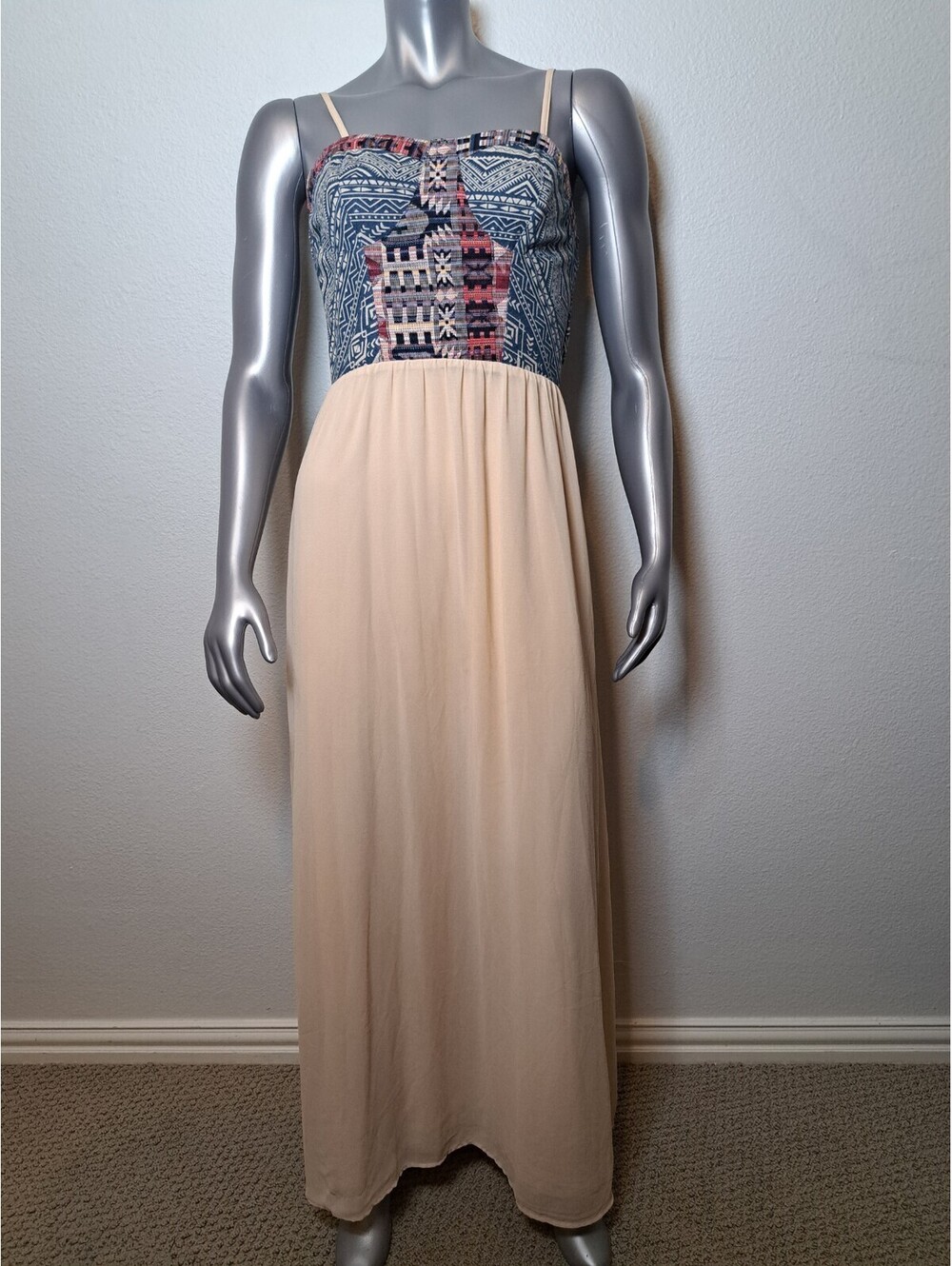 Flying Tomato Embroidered Floral Maxi Mixed Dress Size S Denim Looking Top Boho